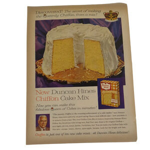 1958 Duncan Hines Cake Mix Ad Chiffon Yellow Frosted Layer MCM Baking Print‎ Ad
